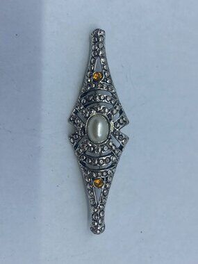 Vtg silver tone modernist amber glass rhinestone faux pearl brooch